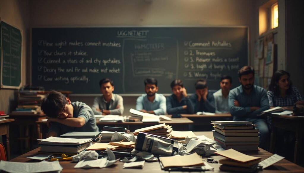 A dimly lit classroom setting, with a chalkboard in the background showcasing common mistakes often made by UGC NET aspirants. In the foreground, a distracted student slouches over a cluttered desk, surrounded by scattered books and crumpled papers. The middle ground features a mix of focused and disinterested students, their expressions capturing the varied levels of preparation. Soft, warm lighting filters through the windows, creating an atmosphere of contemplation and self-reflection. The scene conveys the importance of avoiding common pitfalls and adopting a strategic approach to ace the Teaching Aptitude section of the UGC NET exam.