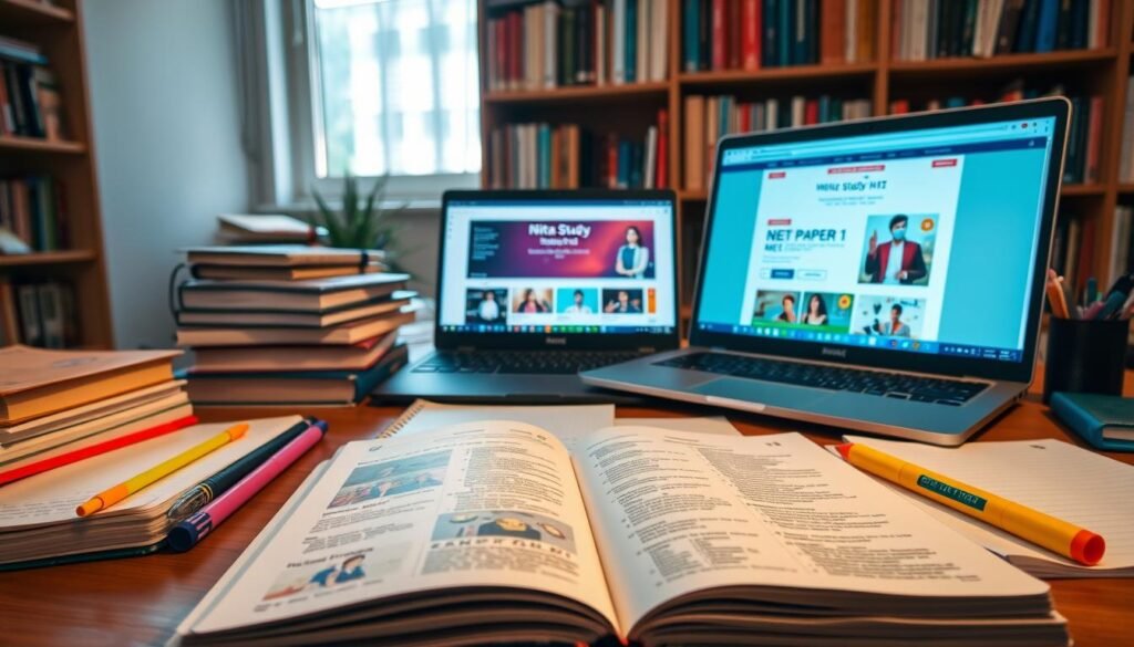 A well-organized study desk featuring comprehensive study materials for NTA NET Paper 1. In the foreground, an open textbook with vibrant illustrations, highlighting key concepts, alongside neatly arranged notebooks filled with notes. Stationery such as colorful highlighters and pens adds a touch of creativity. In the middle, a laptop showing a study website related to NTA NET Paper 1, with display brightness accentuating the screen. The background features a bookshelf filled with various academic books, emphasizing a scholarly environment. Natural light streams in from a nearby window, casting soft shadows and creating a calm and focused atmosphere. The overall mood is one of inspiration and determination, suitable for students immersed in their studies.