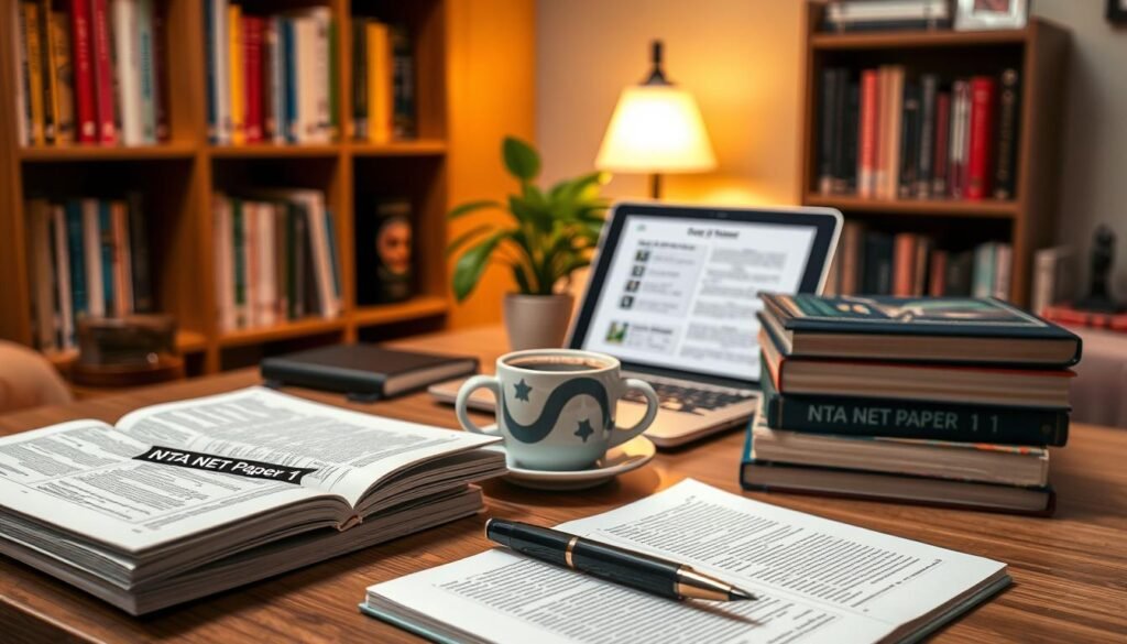 A well-organized study desk in a cozy, softly lit room, showcasing essential tools for NTA NET Paper 1 Exam preparation. In the foreground, a stack of neatly arranged books, with visible titles like "NTA NET Paper 1 Study Guide" and "Sample Questions." An open notebook and a fountain pen lie beside the stack. In the middle, a laptop displays a study plan or syllabus outline, while a cup of coffee sits within reach, hinting at a focused study session. The background reveals a bookshelf filled with various academic texts, with a potted plant adding a touch of greenery. The warm lighting creates a motivational and inviting atmosphere, encouraging concentration and study.