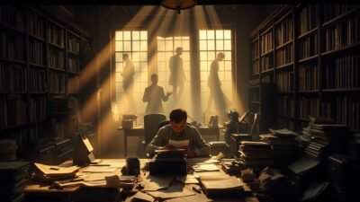 A dimly lit study, lined with bookshelves and scientific equipment. In the foreground, a bewildered scholar sits at a cluttered desk, surrounded by crumpled papers and crossed-out diagrams. Beams of soft, golden light filter through the windows, casting long shadows that distort the scholar's perspective. The background is hazy, with indistinct shapes and figures, suggesting the complexities and pitfalls of logical reasoning. The scene conveys a sense of contemplation, confusion, and the challenges of navigating the intricacies of rational thought.