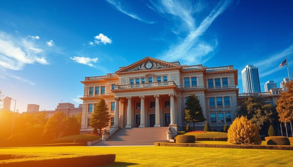 A grand, stately educational institution set against a vibrant, azure sky. In the foreground, an imposing, classical facade with ornate columns and intricate architectural details, exuding a sense of prestige and intellectual rigor. The middle ground features lush, verdant landscaping, with carefully manicured trees and hedges framing the central building. In the background, a cityscape of gleaming skyscrapers and bustling activity, symbolizing the central university's integration with the broader academic and professional landscape. Warm, golden sunlight bathes the scene, lending an air of prestige and erudition. The overall composition conveys the gravity, importance, and influential role of this notable central university within the UGC NET educational ecosystem.