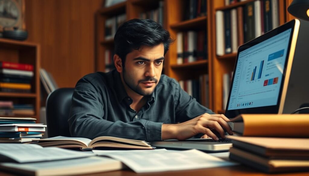 A cozy study setting with a researcher deeply engrossed in studying research integration strategies for the UGC NET exam. Soft lighting illuminates a desk cluttered with books, papers, and a laptop displaying charts and graphs. In the middle ground, the researcher's focused expression is visible, brow furrowed in concentration. The background showcases a warm, wood-paneled interior with shelves of reference materials, creating a scholarly, contemplative atmosphere. The scene conveys a sense of diligence, problem-solving, and a commitment to staying updated with the latest research to excel in the UGC NET exam.