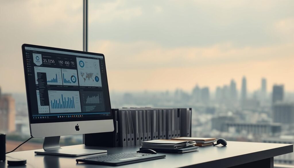 A data interpretation workspace with a minimalist, clean aesthetic. The foreground features a sleek desktop computer, its screen displaying various charts, graphs, and data visualizations. In the middle ground, a set of well-organized folders and files neatly arranged, symbolizing efficient data management. The background showcases a serene, out-of-focus cityscape, with muted tones and soft lighting, creating a calming and focused atmosphere. The scene conveys a sense of productivity, organization, and a mastery of data interpretation techniques and shortcuts.