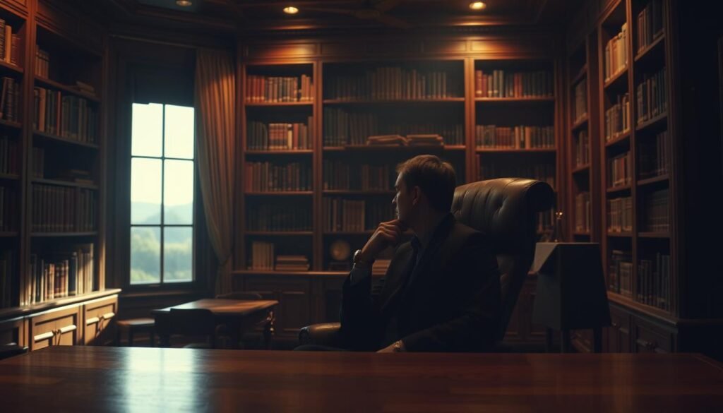 A dimly lit study with mahogany bookshelves lining the walls, a large wooden desk in the foreground, and a thoughtful researcher sitting in a high-backed leather chair, contemplating the ethical implications of their qualitative study. Soft, warm lighting casts gentle shadows, creating an atmosphere of intellectual inquiry and moral deliberation. The researcher's face is obscured, emphasizing the abstract nature of the subject matter. In the background, a window offers a glimpse of a serene, natural landscape, suggesting the delicate balance between the academic pursuit and the real-world consequences of research decisions.