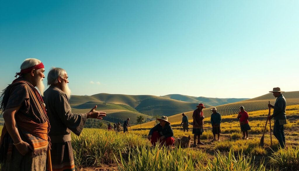 A picturesque scene depicting the harmony between Indigenous knowledge and sustainable practices. In the foreground, a group of Indigenous elders share their wisdom with a younger generation, gesturing towards a lush, verdant landscape. In the middle ground, villagers tend to traditional agricultural methods, using hand tools and time-honored techniques. In the background, rolling hills and a clear blue sky create a serene, timeless atmosphere. Warm, diffused lighting casts a golden glow, highlighting the deep connection between the people and their environment. The image conveys a sense of tranquility, respect for tradition, and a commitment to living in balance with nature.