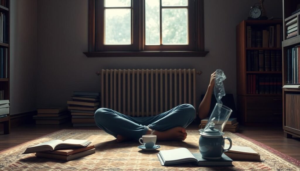 A serene study space, with a student sitting cross-legged on the floor, deep in thought. Soft natural light filters through a nearby window, casting a warm glow. The student's expression is one of calm focus, their gaze inward as they prepare mentally for the upcoming UGC NET exam. Surrounding them, a carefully curated array of study materials - books, notepads, and a steaming cup of tea - creating a sense of purposeful contemplation. The overall atmosphere conveys a sense of tranquility and inner strength, embodying the "Staying Calm Under Pressure" theme.