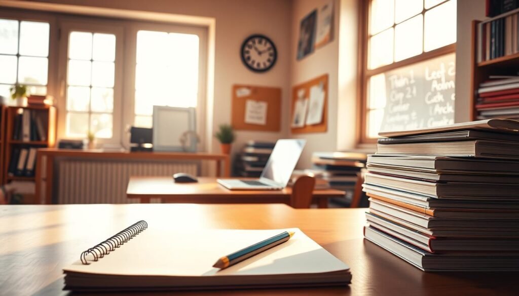 A serene, sunlit workspace with a desk, laptop, and stacks of books, symbolizing focused preparation for the UGC NET exam. In the foreground, a notebook and pencil await studious note-taking, while a wall clock ticks steadily, reminding the viewer of the importance of time management. Warm, natural lighting filters through large windows, creating a calming, productive atmosphere. The mid-ground features a bulletin board with exam tips and strategies, while the background showcases a bookshelf filled with reference materials, conveying the depth of knowledge required for the logical reasoning section of the UGC NET paper.
