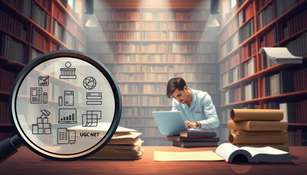 A thoughtful exploration of the research process, captured in a crisp, well-lit digital illustration. In the foreground, a magnifying glass illuminates the intricate steps of the UGC NET research protocol - collecting data, analyzing findings, and synthesizing insights. The middle ground features a researcher hunched over a laptop, meticulously crafting a research paper. In the background, a vast library of books and scrolls symbolizes the wealth of knowledge to be discovered. The scene radiates a mood of focused dedication, inviting the viewer to delve deeper into the world of academic inquiry.