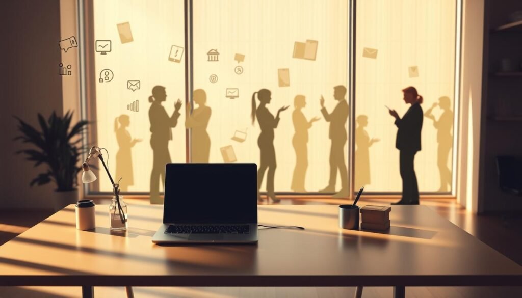 A tranquil office scene with a minimalist desk, a laptop, and various communication-related icons and symbols floating around. The desk is illuminated by warm, natural lighting, casting soft shadows. In the background, silhouettes of people engaged in nonverbal interactions, their body language and gestures emphasizing the different models of nonverbal communication. The overall atmosphere is one of thoughtfulness and contemplation, inviting the viewer to explore the nuances of nonverbal communication.