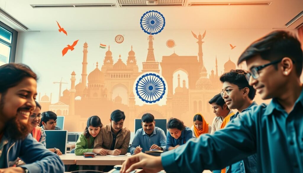 A vibrant and dynamic image showcasing India's skill development initiatives in education reform. In the foreground, a group of diverse students actively engaged in hands-on learning activities, representing the practical, job-oriented training at the heart of these initiatives. The middle ground features a modern, state-of-the-art classroom or workshop setting, with cutting-edge technology and equipment. In the background, a montage of iconic Indian landmarks and symbols, conveying a sense of national pride and the broader societal impact of these reforms. The scene is bathed in warm, natural lighting, creating a hopeful and inspirational atmosphere. Captured with a wide-angle lens to emphasize the scale and scope of the initiatives. A vibrant and dynamic image showcasing India's skill development initiatives in education reform. In the foreground, a group of diverse students actively engaged in hands-on learning activities, representing the practical, job-oriented training at the heart of these initiatives. The middle ground features a modern, state-of-the-art classroom or workshop setting, with cutting-edge technology and equipment. In the background, a montage of iconic Indian landmarks and symbols, conveying a sense of national pride and the broader societal impact of these reforms. The scene is bathed in warm, natural lighting, creating a hopeful and inspirational atmosphere. Captured with a wide-angle lens to emphasize the scale and scope of the initiatives.