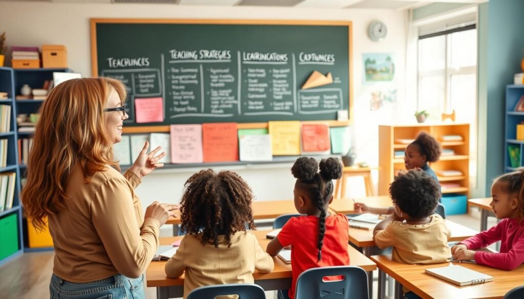 A vibrant classroom setting with a chalkboard displaying different teaching strategies. In the foreground, a teacher gesturing towards the board, their expression conveying enthusiasm. The middle ground features students of diverse backgrounds engaged in various learning activities, each with customized materials. The background showcases an array of educational resources, such as bookshelves, learning aids, and a large window letting in natural light. The overall atmosphere is one of collaborative learning and inclusive education, capturing the essence of differentiated instruction strategies.