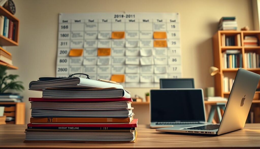 A well-organized, meticulously detailed study schedule for UGC NET Data Interpretation. In the foreground, a neatly arranged stack of textbooks, notes, and a laptop, conveying a sense of focused academic preparation. The middle ground features a large wall calendar, with blocks denoting specific study sessions and revision timelines. The background showcases a cozy, warm-lit home office setting, with bookshelves and a thoughtfully curated desk setup. Soft, natural lighting filters through the window, creating a serene and productive atmosphere. The overall composition evokes a sense of diligence, time management, and a proactive approach to exam preparation.