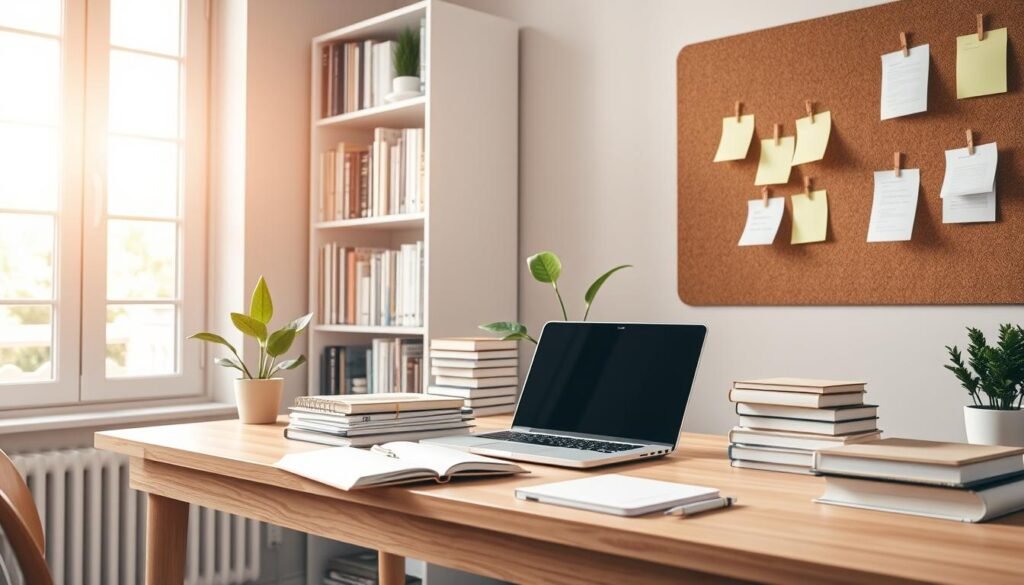 A well-organized study material setup with an orderly bookshelf, neatly stacked notebooks, and a laptop on a minimalist wooden desk. Warm, natural lighting filters in through a large window, casting a cozy glow. The scene conveys a sense of focus and productivity, perfect for effective research and preparation. A potted plant adds a touch of life, while a cork board displays sticky notes and reminders, hinting at a structured approach to learning. The overall atmosphere is one of calm, clarity, and intentional study habits.