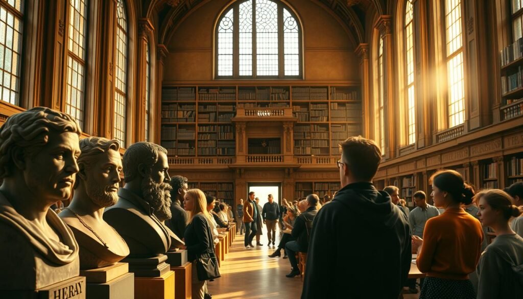 An expansive academic hall, illuminated by warm natural light filtering through towering windows. In the foreground, a collection of philosophers' busts and tablets depicting key educational philosophies - Montessori's child-centric approach, Dewey's pragmatic learning, Freire's emancipatory pedagogy. In the middle ground, students engaged in thoughtful discussions, their faces alight with intellectual curiosity. The background showcases a grand, ornate library, shelves brimming with volumes on pedagogy and educational theory. An atmosphere of scholarly contemplation and the exchange of ideas pervades the scene.